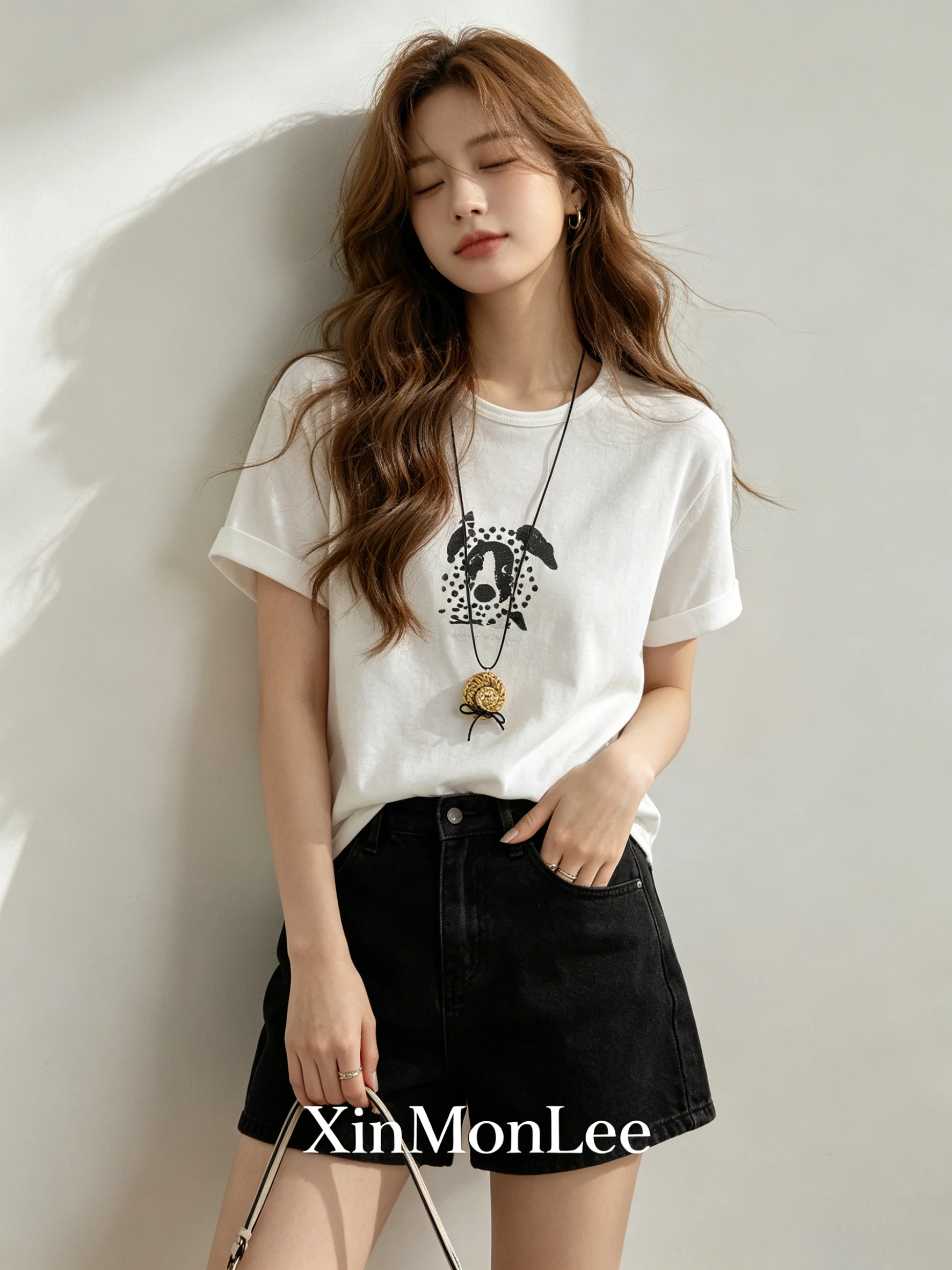

Korean Style Short Sleeve T-Shirt Women's Summer round Neck Print Design Breathable Skin-Friendly Versatile Age-Defying Top