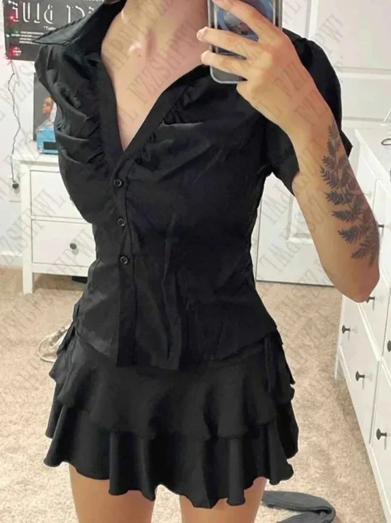 

Y2K Grunge Gothic Blouse Womens Short Sleeve Slim Fit Button Up Shirt Harajuku Punk E Girl Streetwear Daily Office Holiday Tops