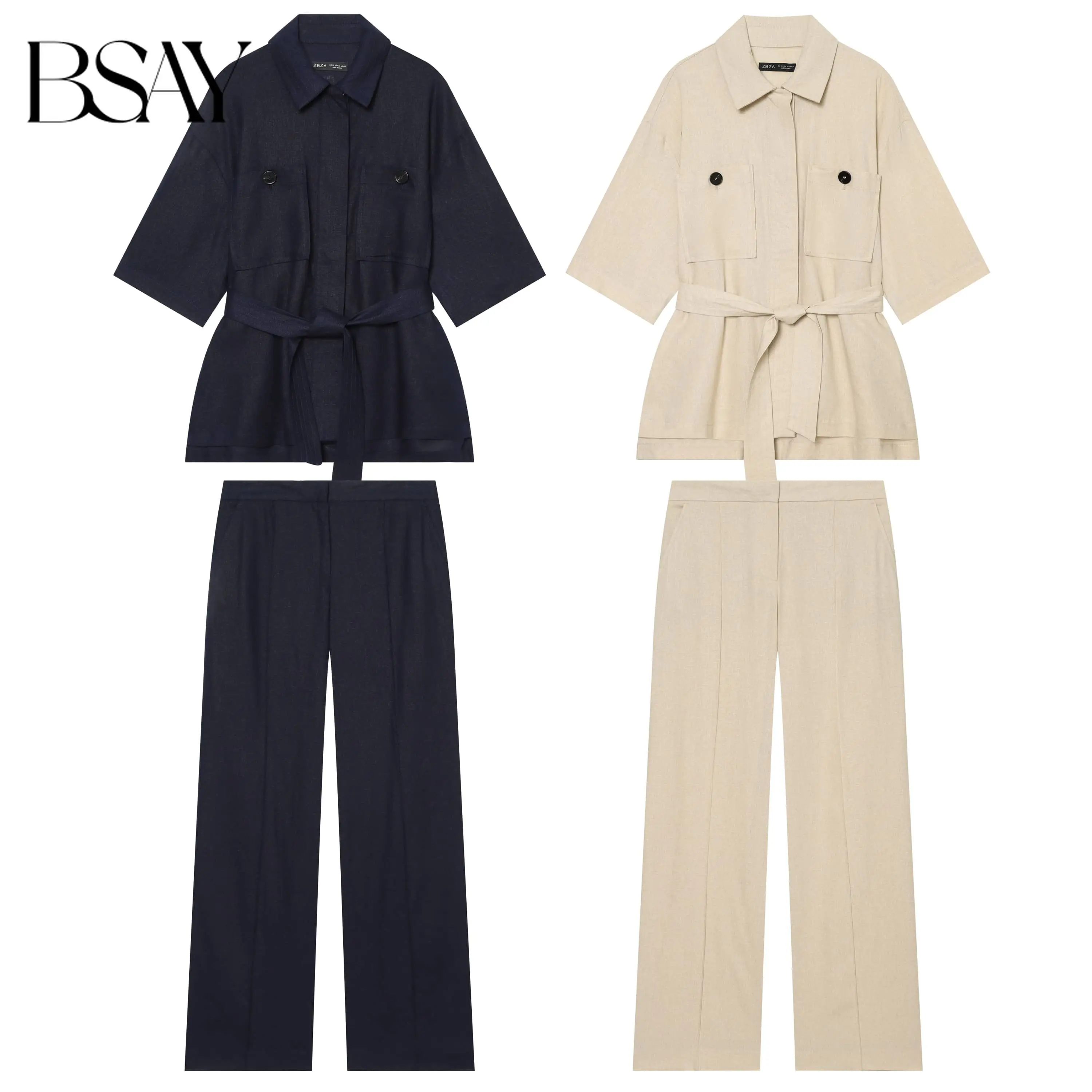 Ensemble 2 pièces élégant pour femme BSAY : Haut chic à manches courtes avec ceinture et pantalon large à taille mi-haute