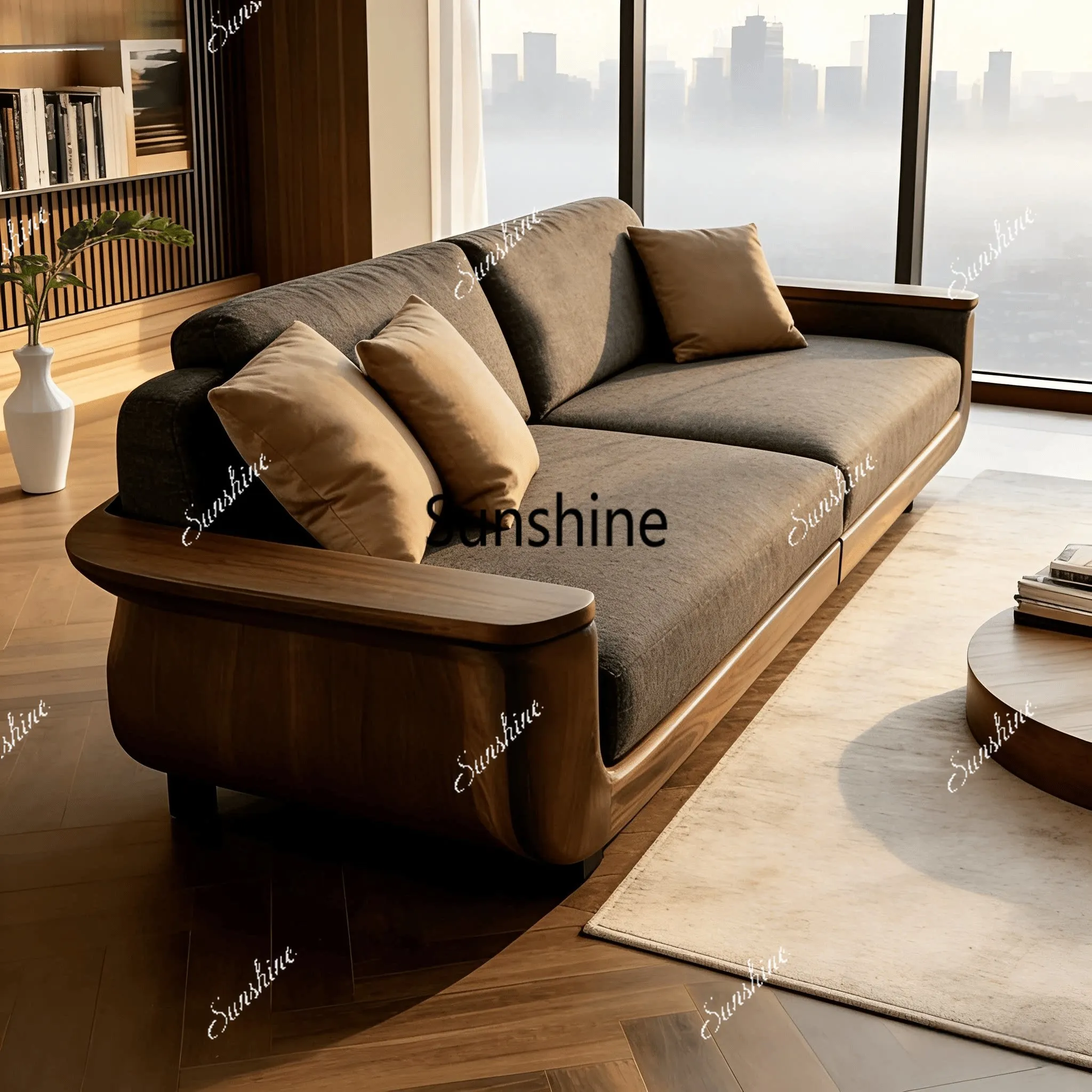 

New Chinese-style large and small apartment household simple three-person straight office reception ash wood sofa