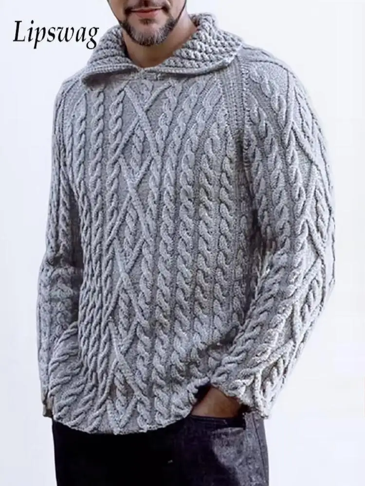 

Retro Textured Crochet Sweaters Mens Fall Winter Daily Leisure Loose Knitting Pullover Tops Men Long Sleeve Lapel Knit Sweater