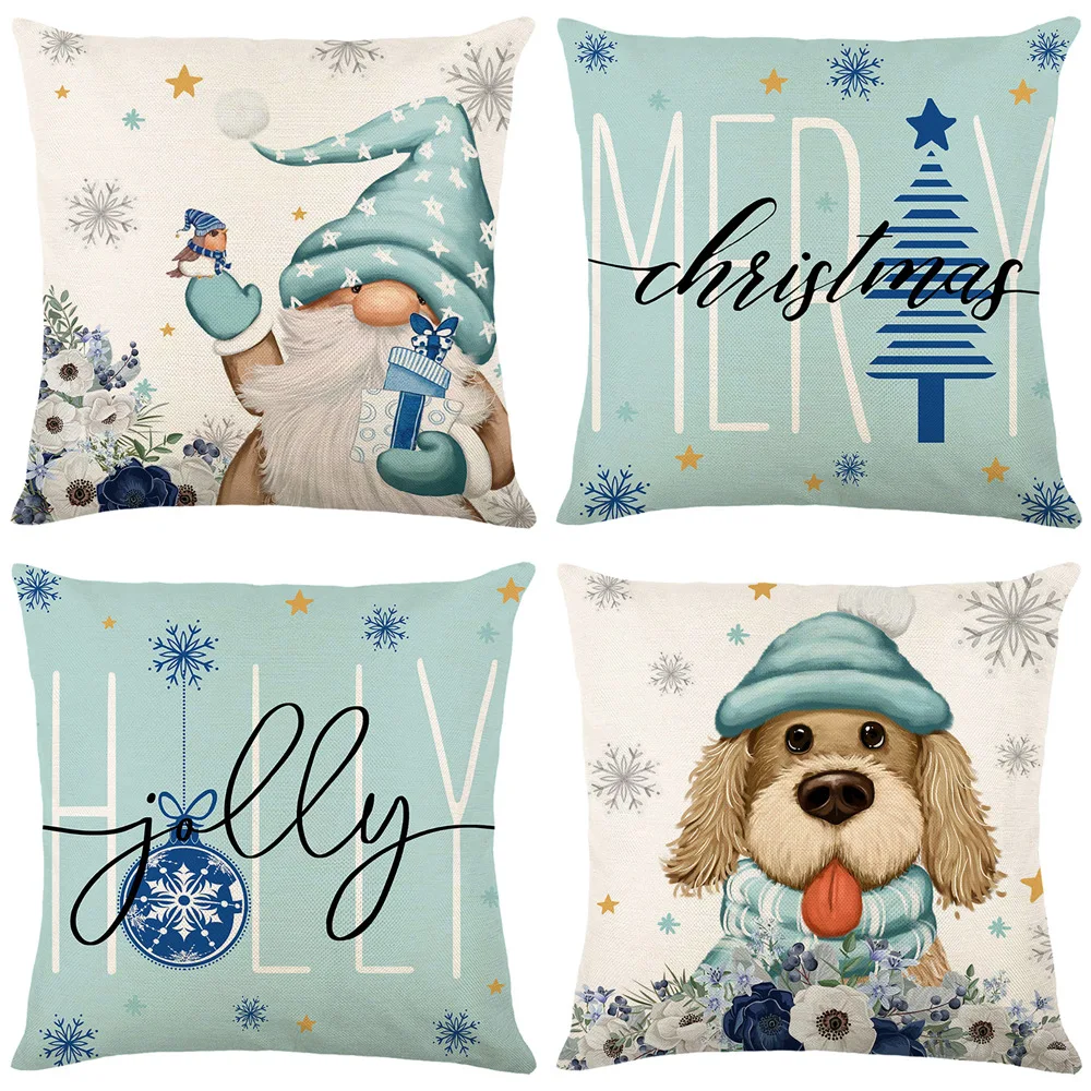 

Blue Christmas Printed Throw Pillows Cover Linen Home Decor Pillow Case Living Room Decoration Sofa Chair Cushion Cover