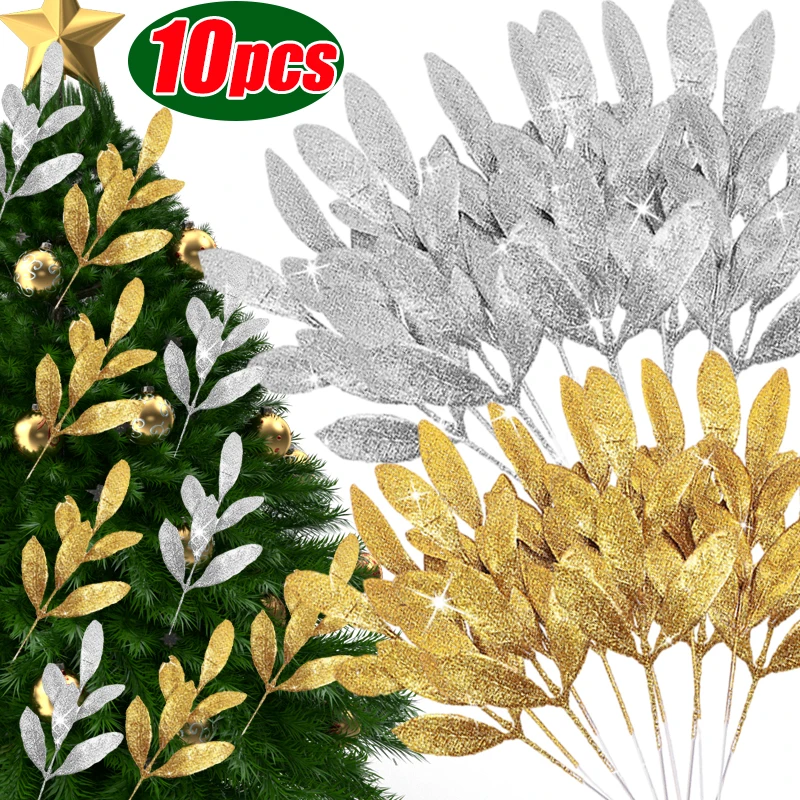 10/1PCS Artificial Glitter Gold Olive Leaf Fake Plant Leaf New Year Gift Xmas Tree Wreath Decorations Party DIY Decor Suppllies