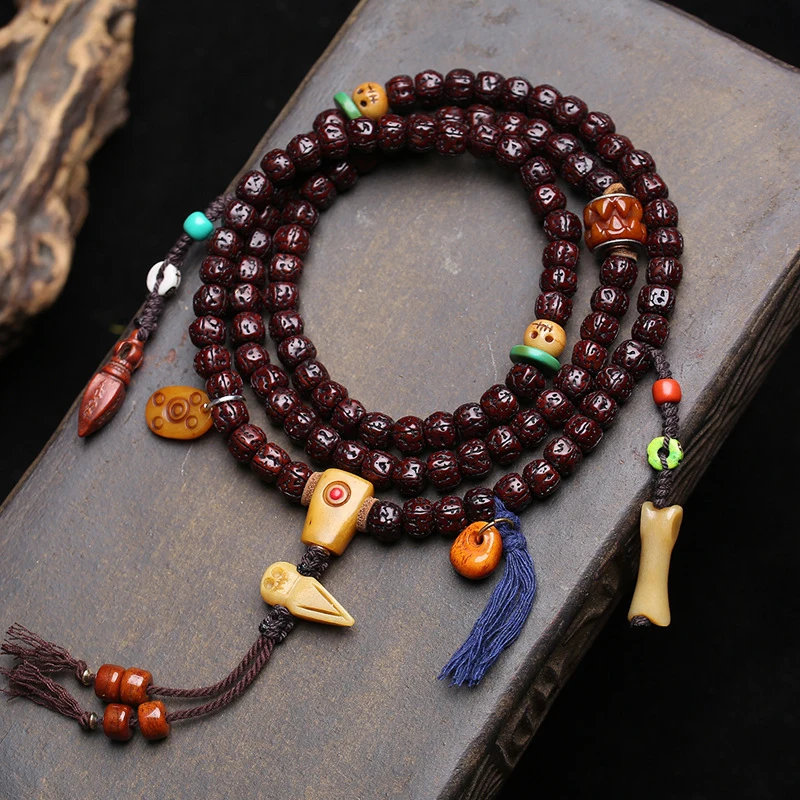 Tibetan-style aged jade-like Vajra Bodhi 108-piece Buddhist prayer beads with bone accessories