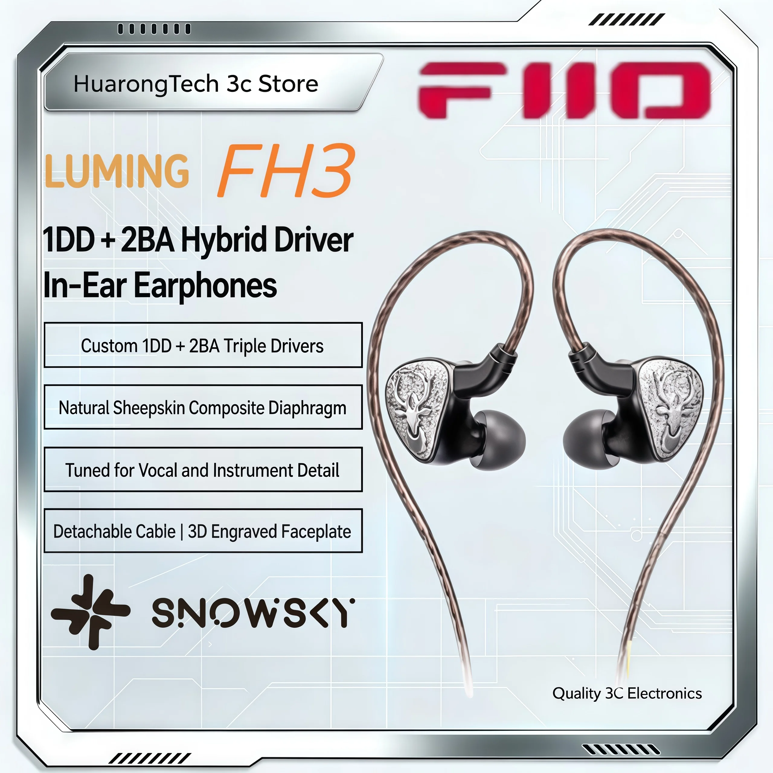 FiiO SnowSky FH3 Earphones Luming One Circle Two-Iron Three-Unit In-Ear Wired Headphones Retro Vocal Plug MMCX Replaceable Cable