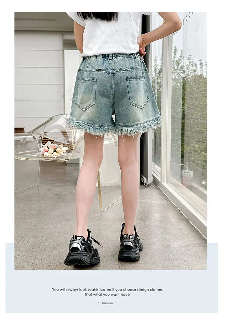 Neue Sommer-Jeansshorts im Vintage-Stil mit rohem Saum für Mädchen im Teenageralter, coole Streetwear-Shorts, Kinder-Denim-Shorts im Used-Look – Detail 7
