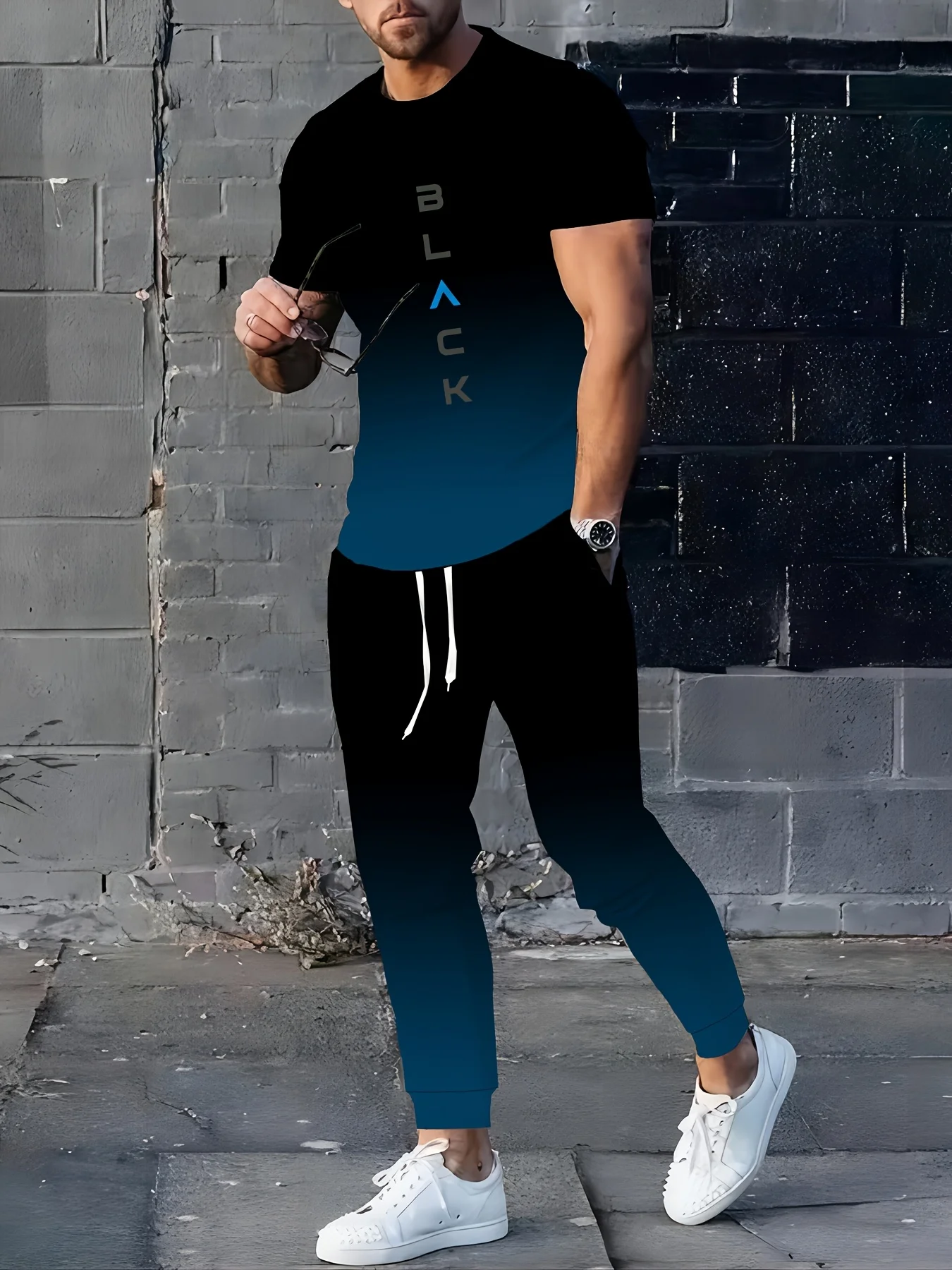 

2025 Summer New street hip-hop casual Fashion 3D gradient letter Print Soft comfortable breathable and lightweight men's set