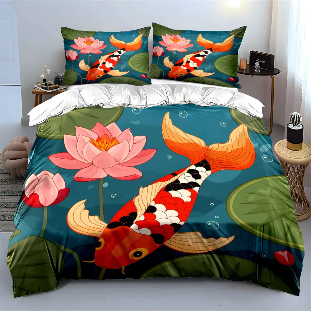 Koi and lotus in tranquil pond Print Bedding Set 1 Duvet Cover 2 Pillowcases for Adult and Children Luxury Gift Full Size