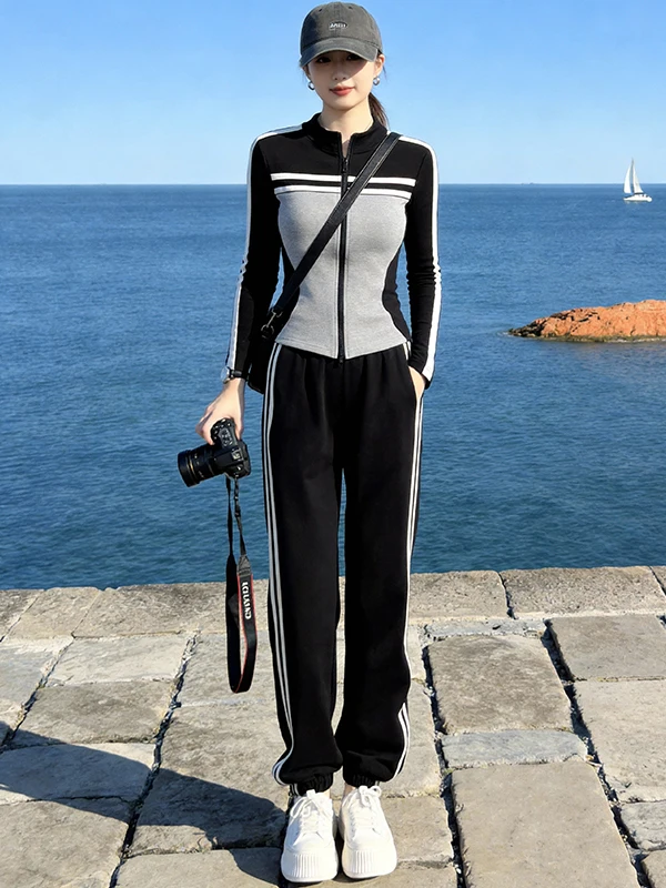 

Весенний новый модный спортивный костюм в гонконгском стиле: женский комплект из укороченного кардигана и брюк с высокой талией