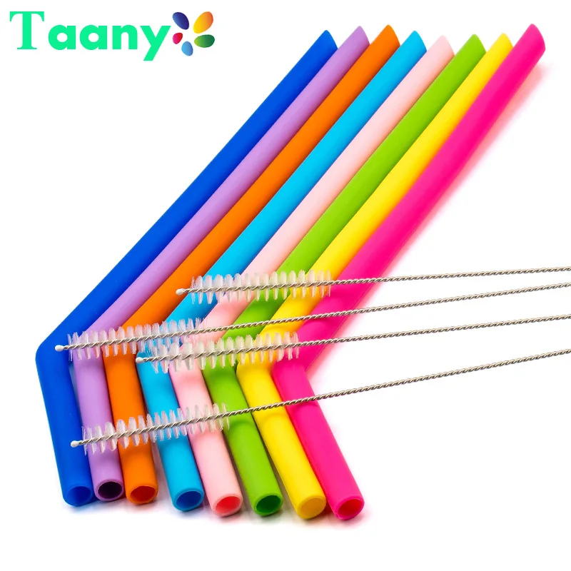 Reusable Food-grade Silicone  Drinking Straws Foldable Flexible Straw with Cleaning Brushes Bar Party Supplies Recyclable