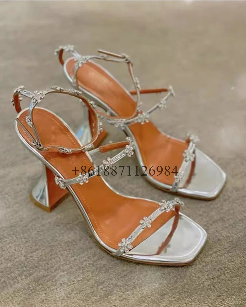 Ankle Strap Square Toe Summer Women Sandals With Plum Rhinestones Wine Glass High Heels Buckle Strap Design Large Size Shoes