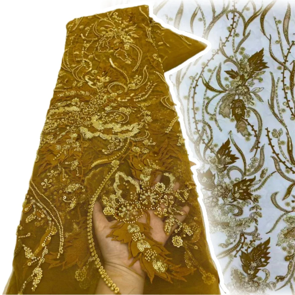 New Luxurious Nigerian African Groom Beaded Lace Fabric Gold French Sequined Lace Fabric Suitable for Formal Dress Sewing 1929