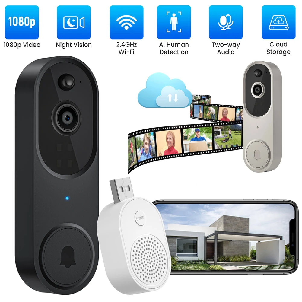 1080p-ワイヤレスビデオドアベルカメラ-wifi-スマートドアベル屋外ワイヤレスインターホン防水ワイヤレスカメラホームオフィス用