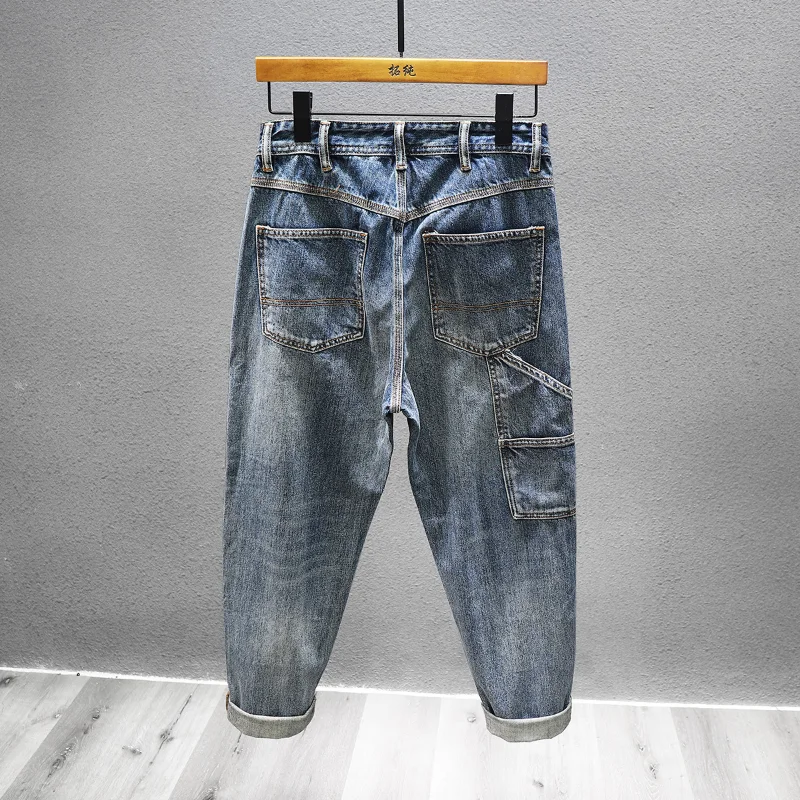 American Vintage Cargo Stitching Jeans Men's Slim Elastic Fashion Washed Dilapidated Y2k Trousers Male Streetwear Denim Pants