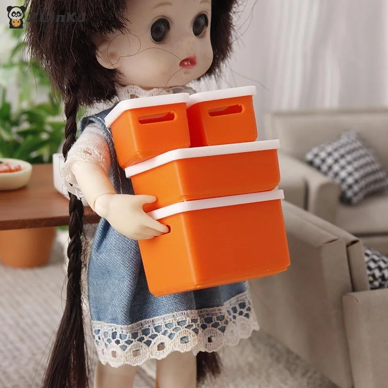 ▶4Pcs Mini Storage Case With Cover 1/12 Dollhouse Miniature Food Storage Box Model Doll House Accessories Toy