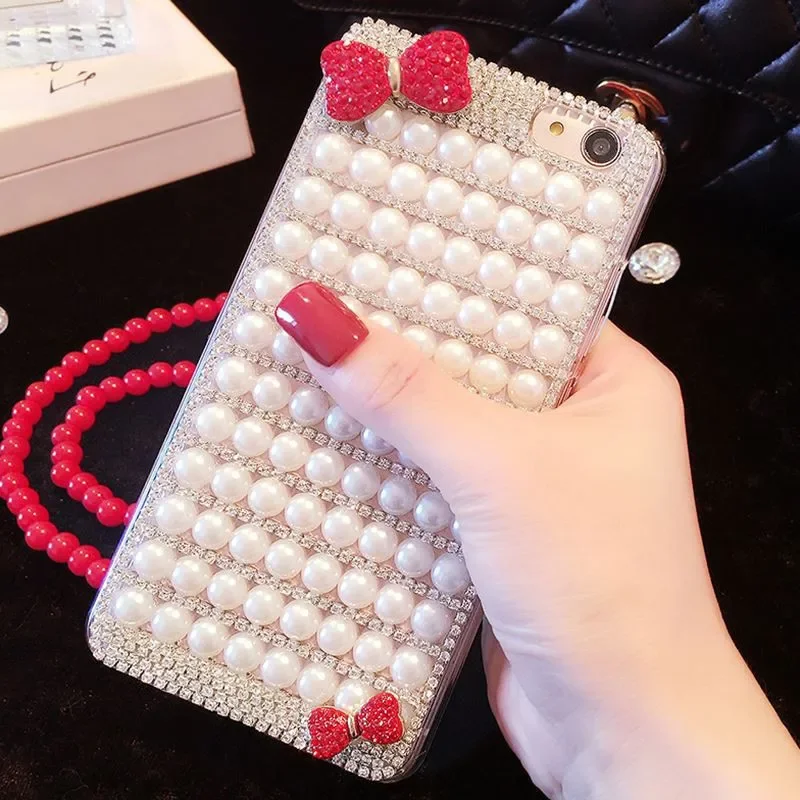 Diamond Pearl Bowknot Rhinestone Phone Case, Luxury Bling Cover for iPhone 16, 14, 13, 12, 11 Pro Max, X, XS, 15MAX, XR Plus, 15