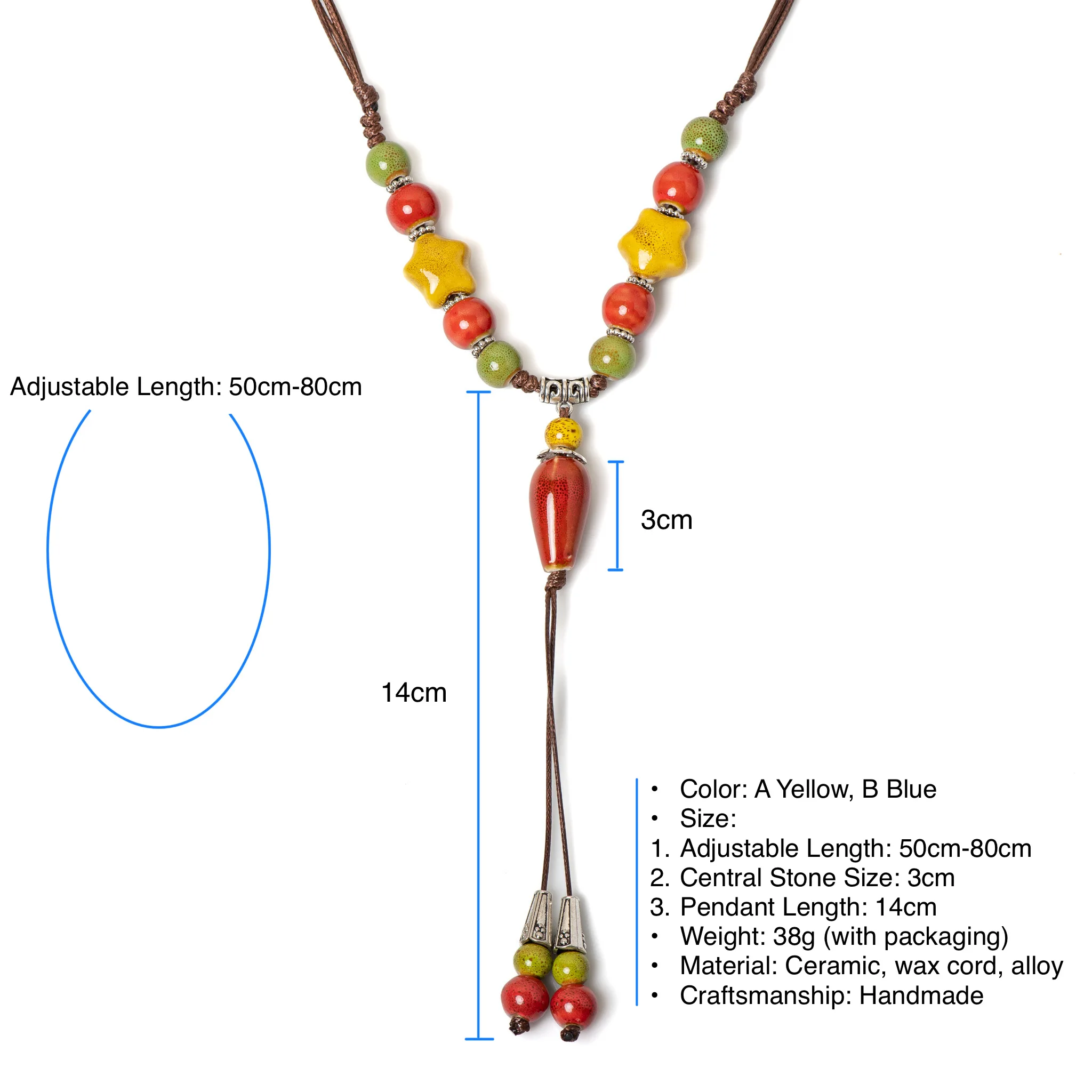 Handmade Ceramic Star Pendant Necklace Adjustable Boho Jewelry for Women and Girls with Artistic Design 173