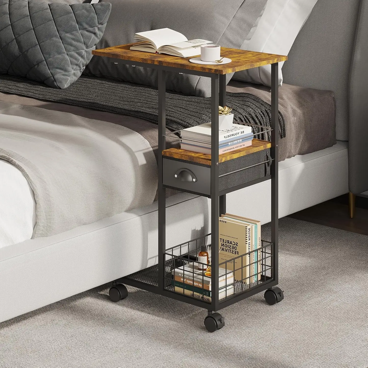 C Shaped Sofa Side Table: Couch End Table with Drawer - Bedside Table with Wheels