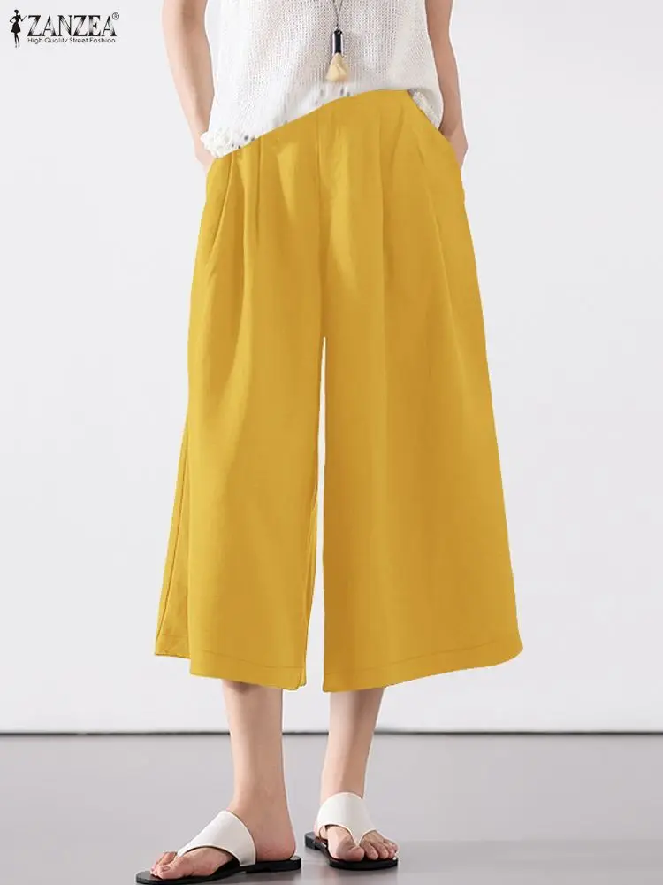 ZANZEA Women Casual Crinkled Texture Wide Leg Pants 2025 Autumn Elastic Waist Solid Color Mid-Calf Cropped Pant Everyday Wear