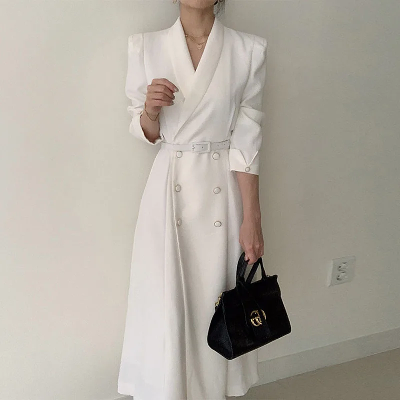 เสื้อคลุมกันลมทรงยาวสำหรับผู้หญิง เอวสูง สไตล์เกาหลี กระดุมสองแถว สีพื้น แฟชั่นฤดูใบไม้ผลิและฤดูใบไม้ร่วง