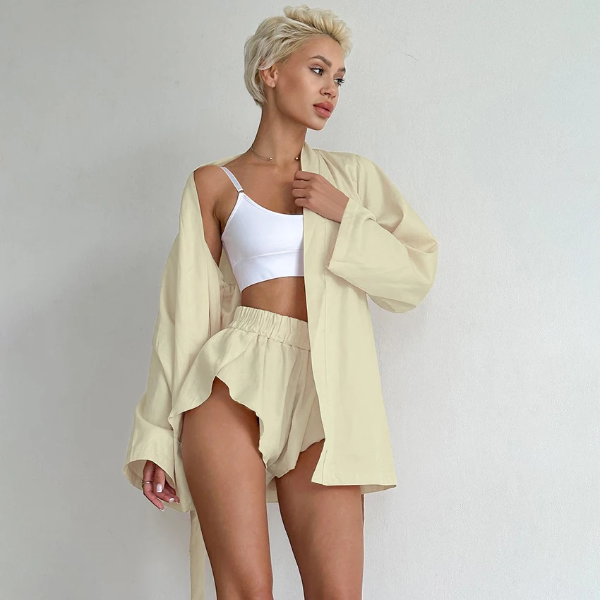 

HiLoc Home Cotton Shorts Sets For Women 2025 Casual Beige Long Sleeve Sleepwear Elastic Waist Shorts Two Piece Sets Sleepwear