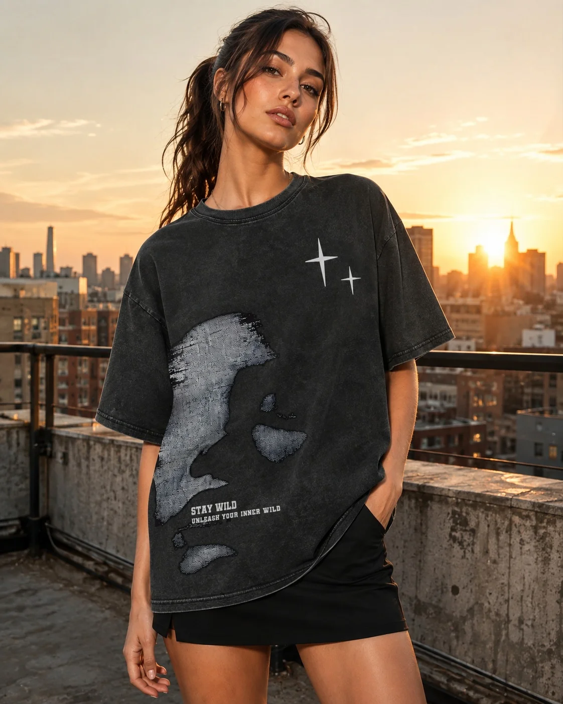 Women's Summer Crew Neck Short Sleeve T-shirt Vintage Washed Meteor Star Prin Loose Retro Street Top Fashion Casual Outfit