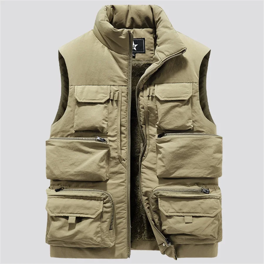 2024 New Men\'s Cargo Vest Winter Thick Fleece Warm Sleeveless Jacket Solid Color Tactical Coat Men Pockets Work Waistcoat 6XL