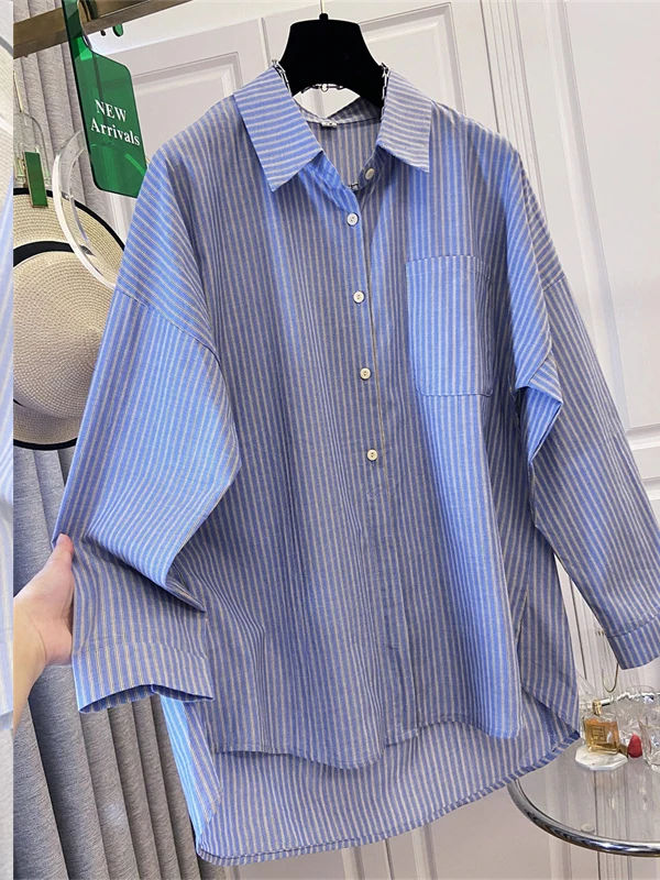 

High-End Women's Summer 2026 Ultra-Cute Korean Style Pure Cotton Loose Casual Striped Shirt Comfortable Breathable Regular Fit