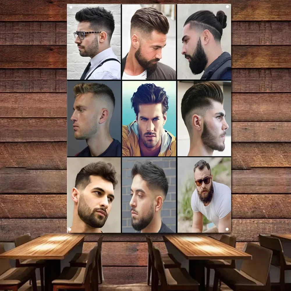 Top Men's Hairstyles Art Poster Wall Hanging Flag with 4 Grommets Custom, Vintage Barber Shop Signboard Tapestry Decor Banner