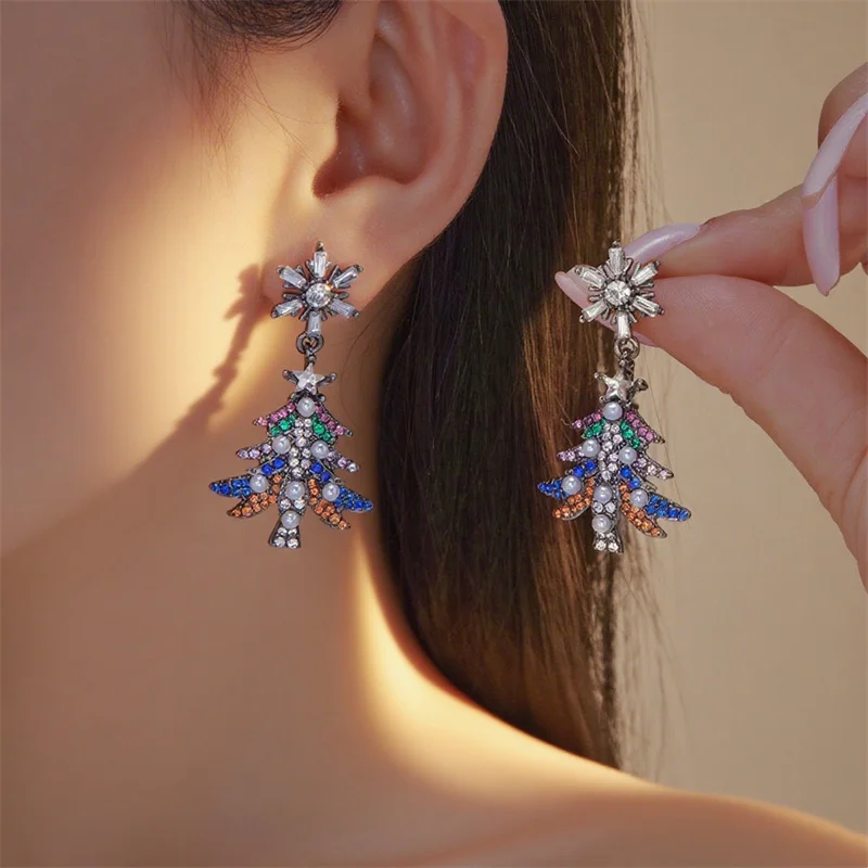 Boucles d'oreilles cloches de noël en strass pour femmes, Imitation de perles exquises, arbre de noël, étoile, bijoux de fête et de vacances