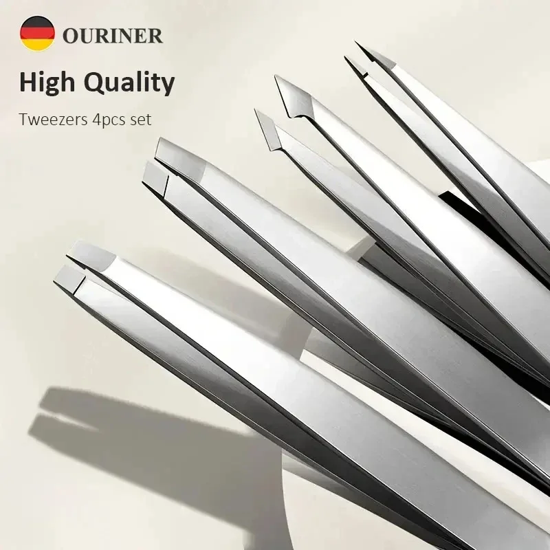 Ouriner Eyebrow Tweezers Set 4 Pcs Stainless Steel Eyebrow Forceps Professional Beauty Tool Set For Facial Hair Manicure Tool