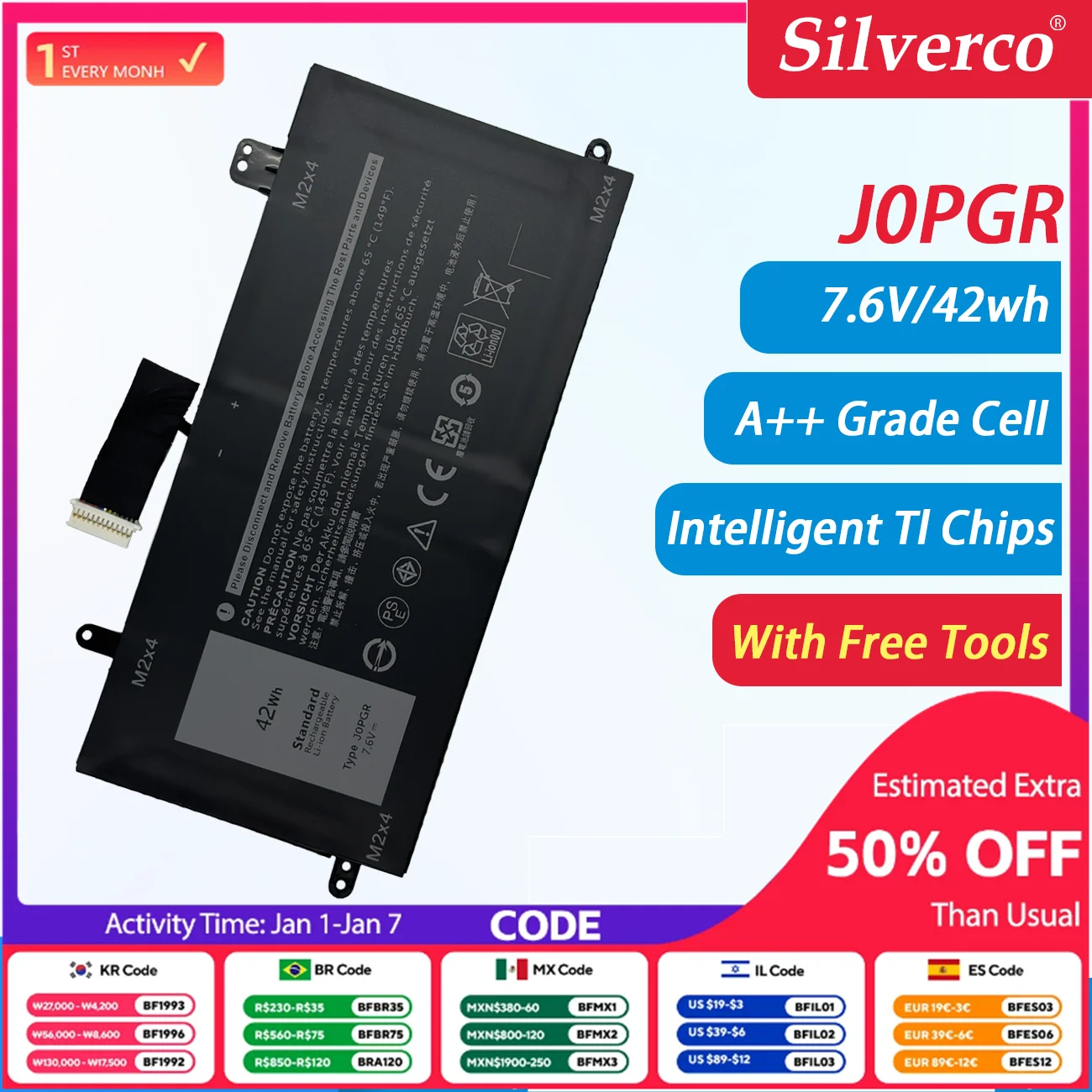 J0PGR Laptop Battery Replacement For Dell Latitude 12 5285 5290 2-in-1 T17G   1WND8 X16TW 0X16TW 0FTH6F 42Wh4Cell JOPGR