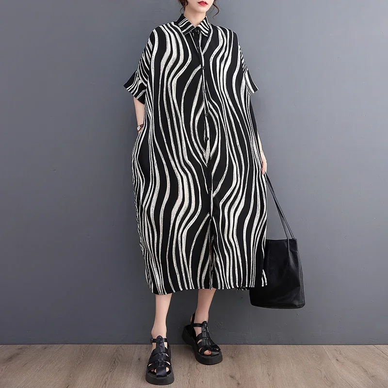 Plus Size Black Zebra Pattern Oversized Cotton Shirt Dress Summer Strips Printed Midi Buttons Down Shirt Dress Relaxed Fit