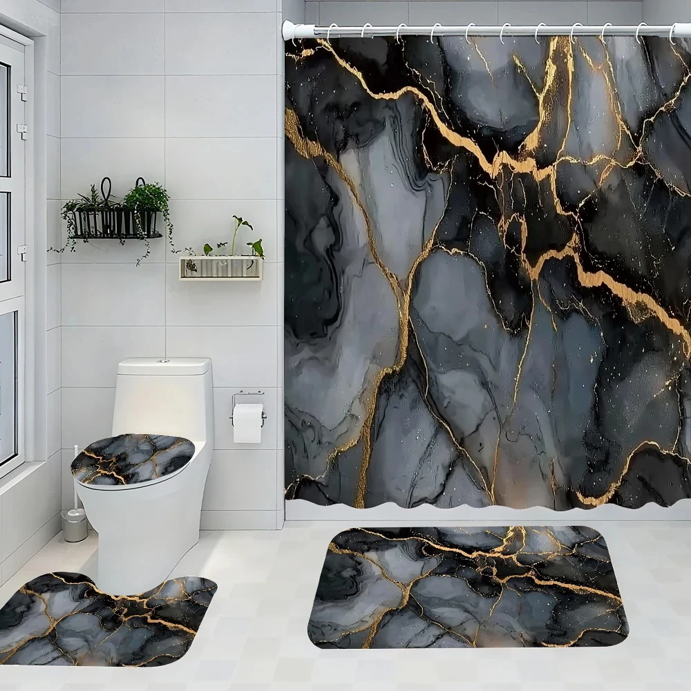 Rock Bathroom Four-piece Set - Avant-garde Waterproof Shower Curtain, creating a complete bathroom suite