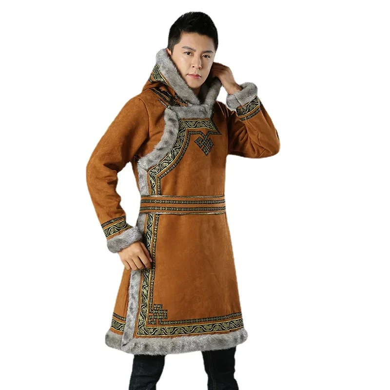 Winter Mongolian Men Jackets Overcoat Parkas Deerskin Fleece Traditional Chinese Clothing for Male Hooded Coats Tang Suits Top