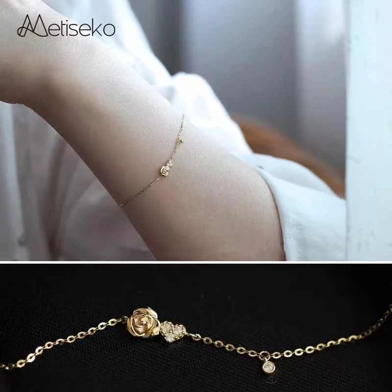 

Metiseko 925 Sterling Silver Delicate Rose Flower Heart Bracelet Romantic Sweet for Women Party Jewelry Gift