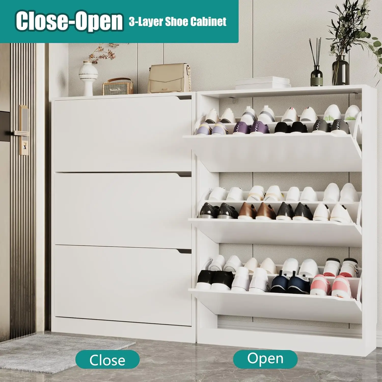 3 أدراج قابلة للطي، وحدة تخزين أحذية مخفية من الخشب القوي، ومنظم أحذية نحيف وضيق قائم بذاته لمدخل الباب الأمامي