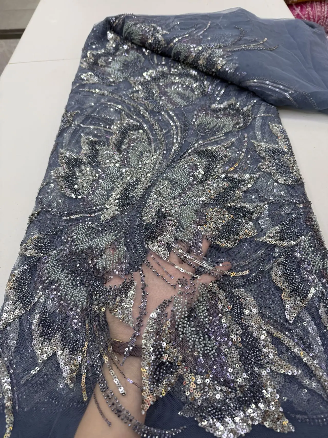 African Nigerian Sequins Embroidery Tulle Lace Fabric, Sewing , Beads Stone Prom Dresses, High Quality, 5Yards, 2025 jy452