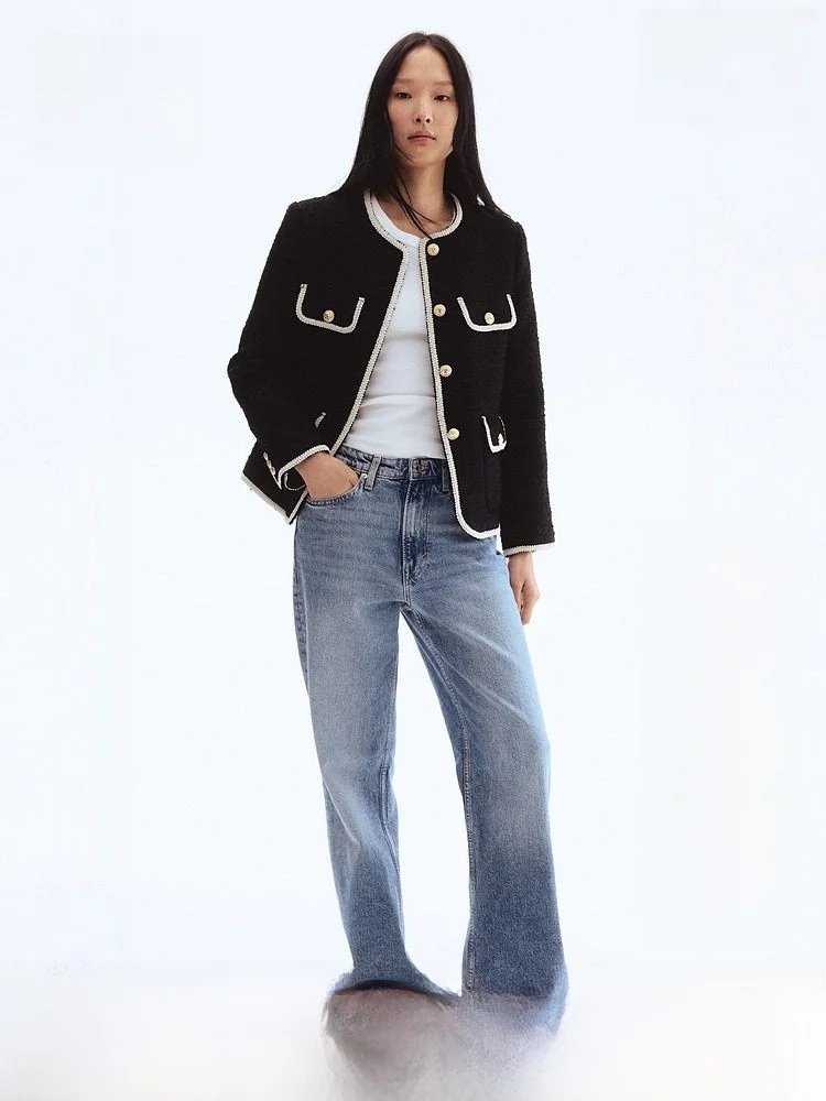 

Женская короткая куртка H&M с круглым вырезом, на флисовой подкладке, простая и модная, для весны и осени, стандартный крой, для повседневной носки