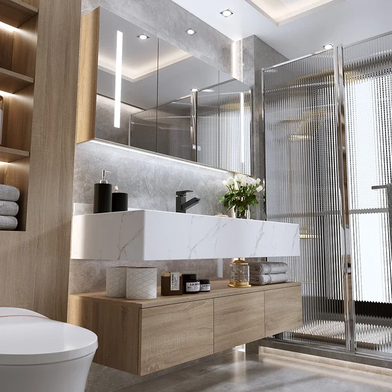 Mueble de baño con encimera de mármol con gran espacio de almacenamiento, mueble con espejo duradero