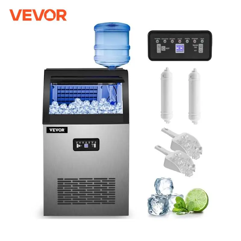 VEVOR Commercial Ice Maker 50Kg/24H Automatic 2-In-1 Water Inlet Built-in Ice Cube Machine Electric Cooler Kitchen Appliance