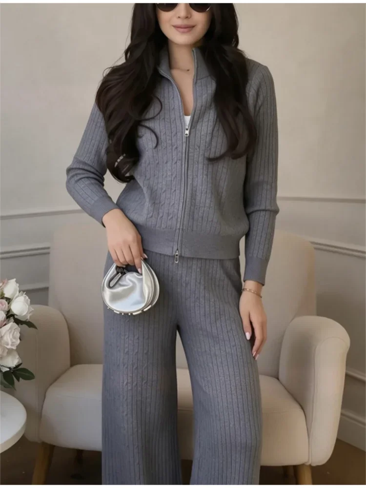 Womens Chic Beige Ribbed Knit Two Piece Set Zip Up Sweater And Wide Leg Pants Fall Winter Daily Lounge Vacation Casual Wear