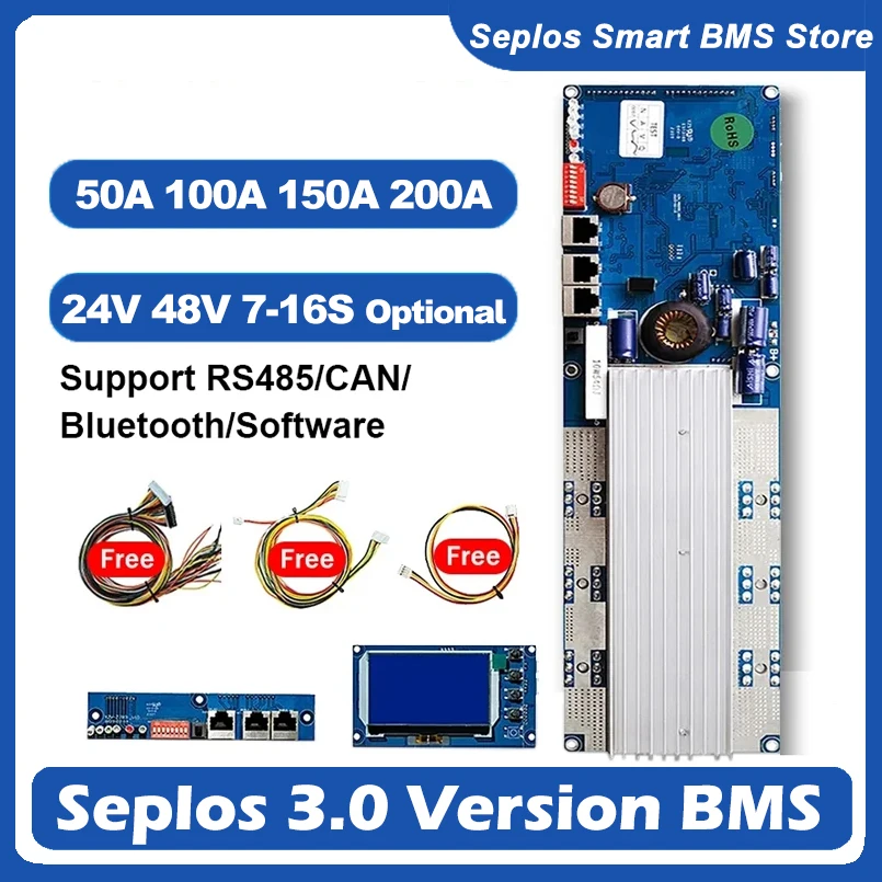 Seplos 3.0 Version Smart BMS 100A/150A/200A 24V/48V 13S 14S 8S 15S 16S LFP With Bluetooth LCD Screen BMS Li-Ion LiFePO4 Battery