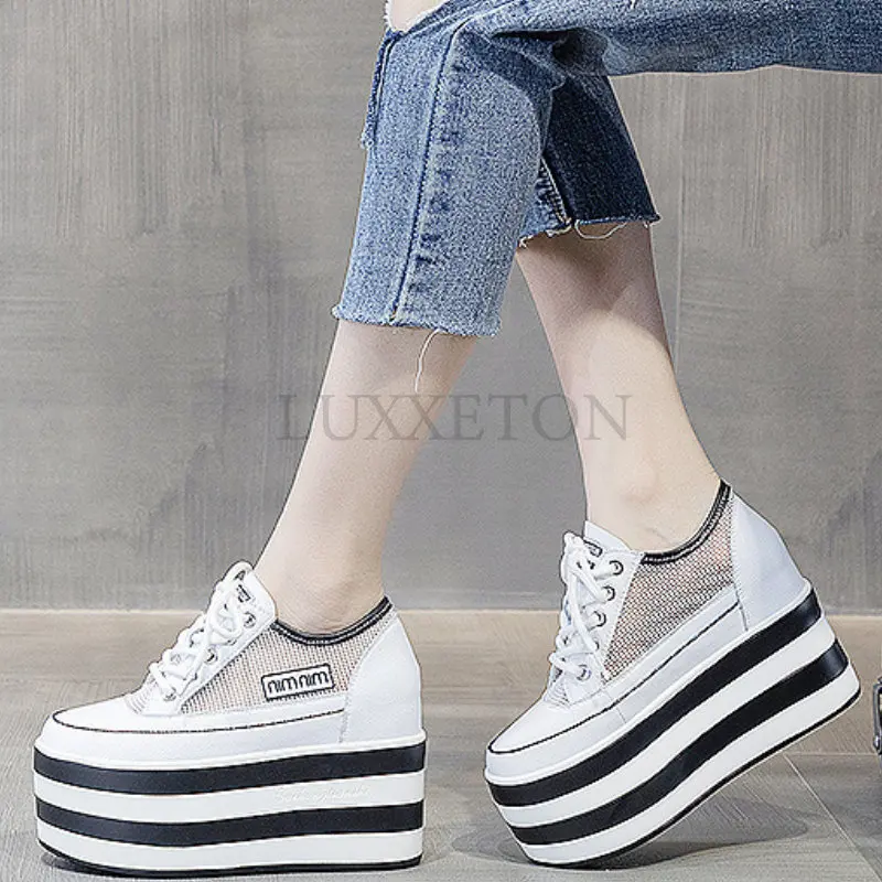 12cm Genuine Leather Women Shoes Platform Wedge Sneakers Chunky Hidden Heel High Women Casual Shoes Spring Summer Loafers