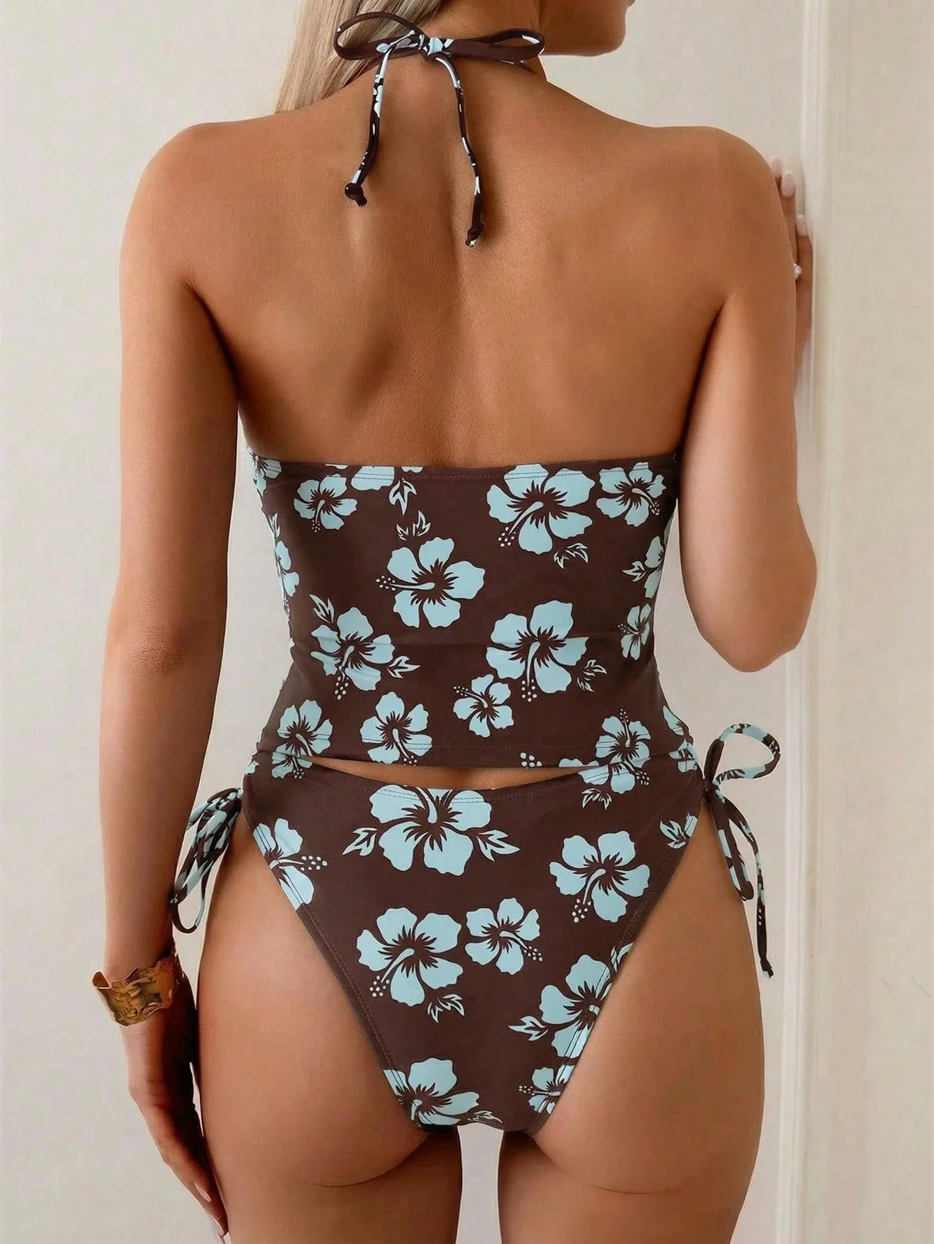 Women's Tropical Floral Two Piece Bikini Set Halter Deep V Neck Beach Swimwear