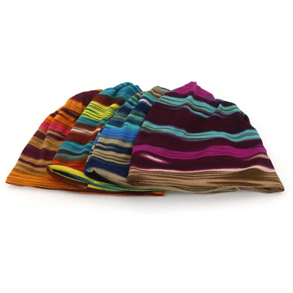 Unisex 2-in-1 Striped Print Double Layer Neck Scarf Cap, Cozy Turban Hat Accessory