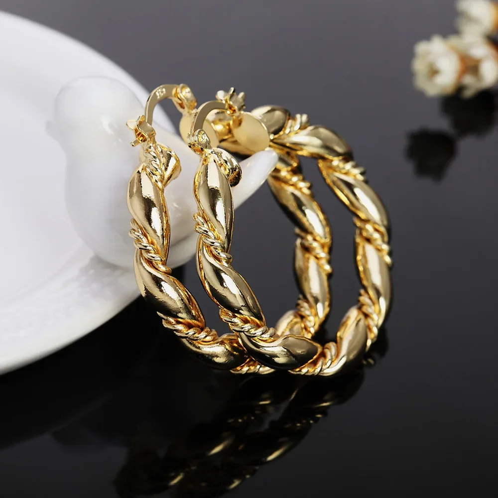 Hot 18K Gold Rope Round Big 4cm Hoop Earrings 925 Sterling Silver Fashion Jewelry Wedding Party Popular Brand Holiday Gifts view 2