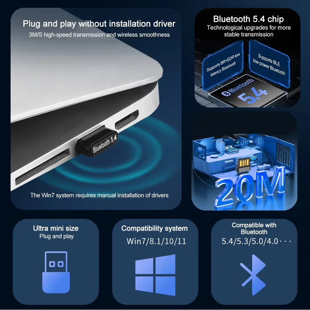 USB Bluetooth 5.4 アダプタワイヤレストランスミッタレシーバ PC ワイヤレスマウスキーボードヘッドセット Win8.1/10/11 ドライバー無料