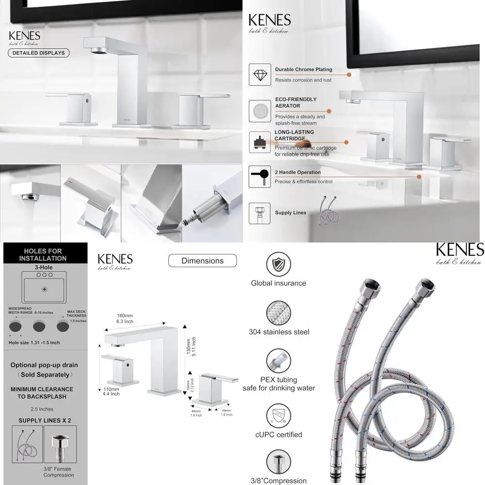 

8-Inch 3-Piece Widespread Sink Faucet with 3 Holes and Supply Lines