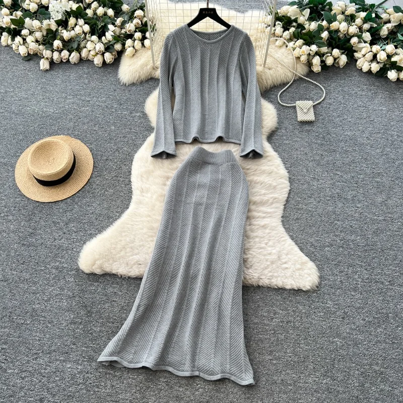 

Модный женский костюм, высококачественный свободный вязаный свитер с круглым вырезом и длинными рукавами, топы, юбка с высокой талией, женский комплект из двух предметов